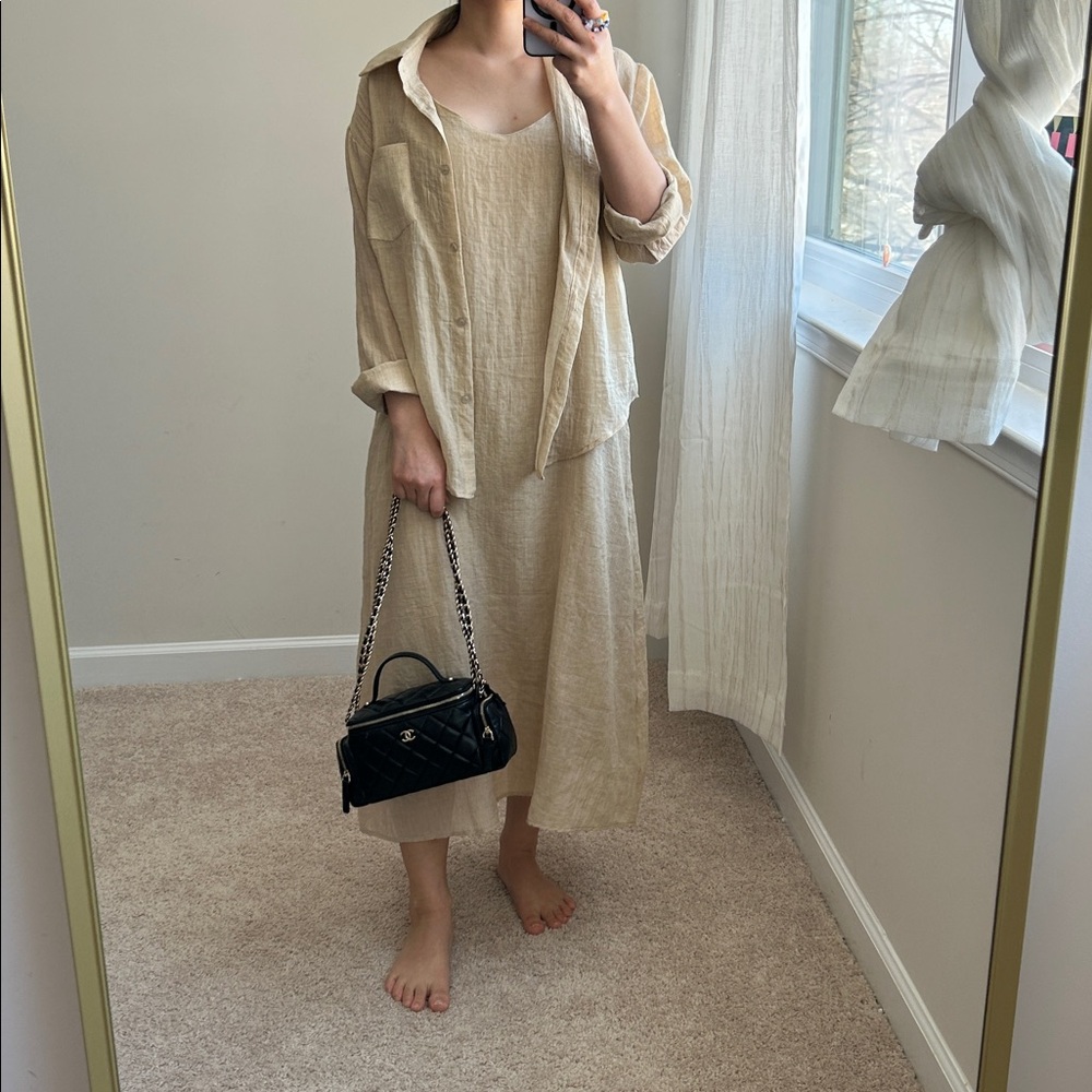 Beige long dress & button up shirt 2pc set. S/M
